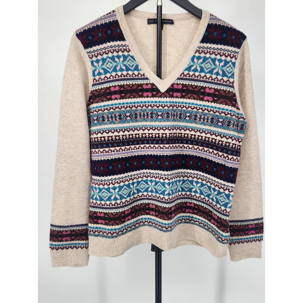 Brooks Brothers 346 Womens Merino Wool Fair Isle V-Neck Sweater Beige Large